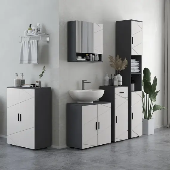 Buy Slim Bathroom Cabinet, Narrow Bathroom Storage Cabinet with Drawer, Door Cupboard, Adjustable Shelf and Soft Close Mechanism, Grey, 2 image