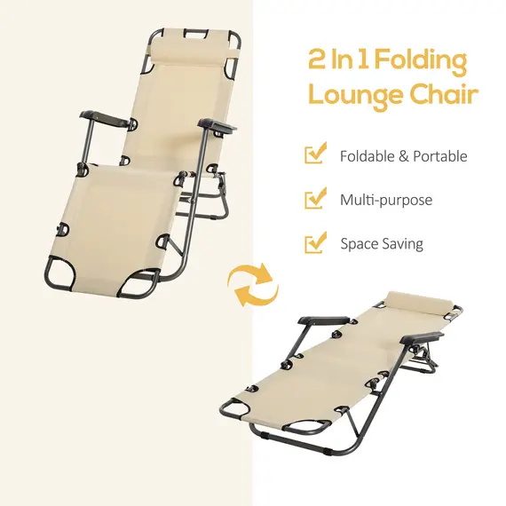 Buy Outsunny 2 in 1 Folding Sun Lounger Reclining Garden Chair Set of 2 with 2-Level Adjustable Backrest, Outdoor Zero Gravity Recliner Garden Chairs with Head Pillow and Armrests, Beige, 4 image