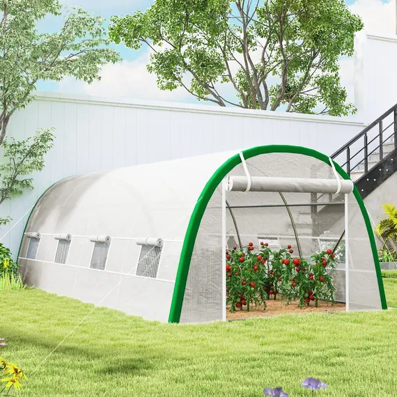Buy Outsunny Walk-in Polytunnel Greenhouse Tunnel Warm House Tent with Zipped Doors, 8 Mesh Windows, PE Cover, 6 x 3 m, White, 9 image
