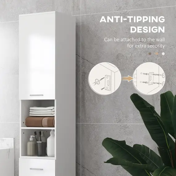 Buy 71" Tall Slim Bathroom Storage Cabinet, Tall Narrow Cupboard with Drawer, Open Shelves, 2 Doors Cabinets and Adjustable Shelves for Kitchen, Hallway, Living Room, High Gloss White, 5 image