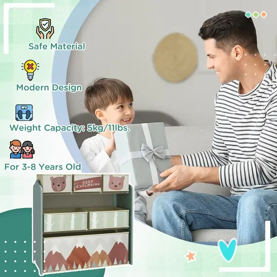 Buy ZONEKIZ Kids Storage Unit, Toy Storage Organiser, with Six Fabric Bins, for Bedrooms, Playrooms, Nurseries - Green, 7 image
