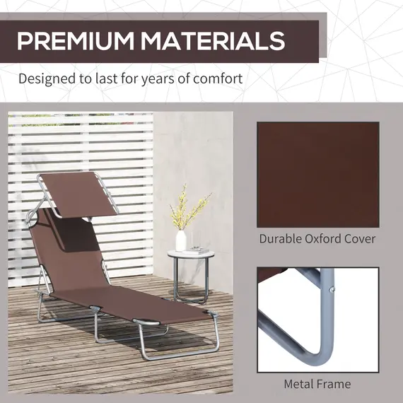 Buy Outsunny 2 Pieces Outdoor Foldable Sun Lounger, 4 Level Adjustable Backrest Reclining Sun Lounger Chair with Angle Adjust Sun Shade Awning for Beach, Garden, Patio, Brown, 7 image