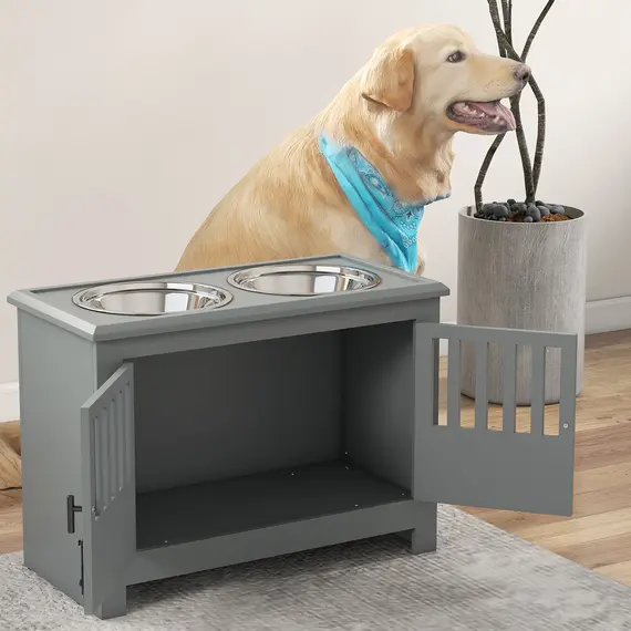 Buy Raised Dog Bowls, Pet Feeding Station, with Storage, Food and Water Bowls, for Large Dogs - Grey, 9 image