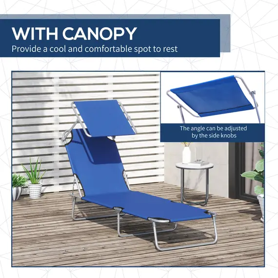 Buy Outsunny 2 Pieces Outdoor Foldable Sun Lounger, 4 Level Adjustable Backrest Reclining Sun Lounger Chair with Angle Adjust Sun Shade Awning for Beach, Garden, Patio, Blue, 6 image