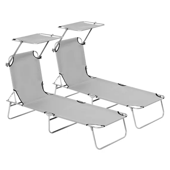 Buy Outsunny 2 Pieces Outdoor Foldable Sun Lounger, 4 Level Adjustable Backrest Reclining Sun Lounger Chair with Angle Adjust Sun Shade Awning for Beach, Garden, Patio, Light Grey