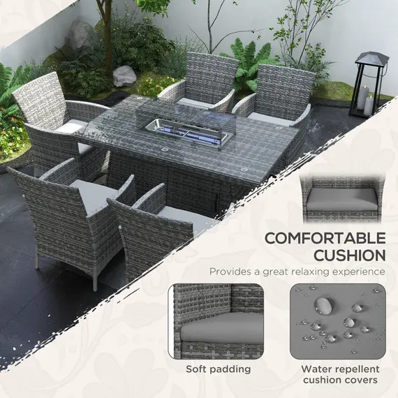 Buy 7 Pieces Outdoor Rattan Garden Furniture with Fire Pit Table, 6 Seater Garden Table and Chairs with Cushions, Rattan Dining Set with Propane Heater Table, Windscreen, 50,000 BTU, Grey, 5 image
