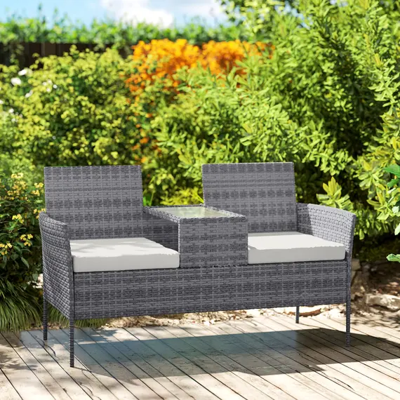 Buy Outsunny Two-Seat Rattan Chair, with Middle Table - Grey, 9 image