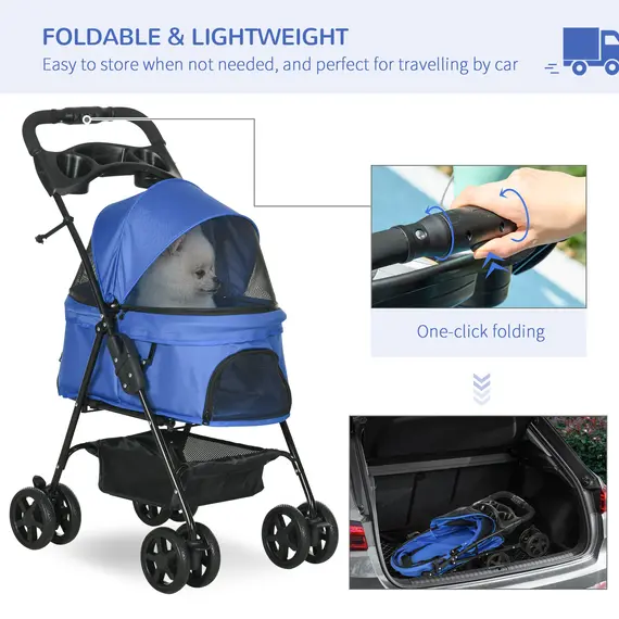 Buy PawHut Dog Stroller with Rain Cover, Dog Pushchair One-Click Fold Trolley Jogger with EVA Wheels Brake Basket Adjustable Canopy Safety Leash for Small Dogs, Blue, 5 image