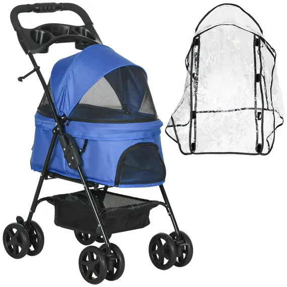 Buy PawHut Dog Stroller with Rain Cover, Dog Pushchair One-Click Fold Trolley Jogger with EVA Wheels Brake Basket Adjustable Canopy Safety Leash for Small Dogs, Blue