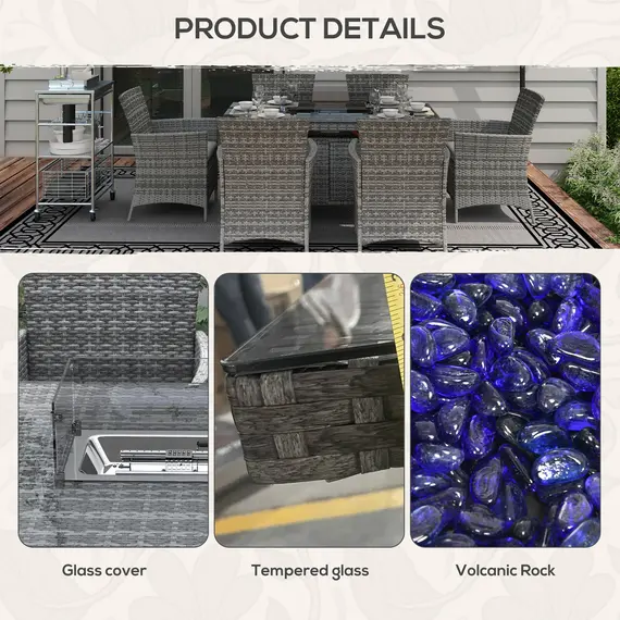Buy 7 Pieces Outdoor Rattan Garden Furniture with Fire Pit Table, 6 Seater Garden Table and Chairs with Cushions, Rattan Dining Set with Propane Heater Table, Windscreen, 50,000 BTU, Grey, 7 image