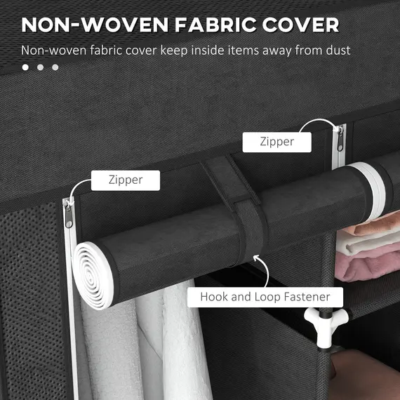 Buy Foldable Fabric Wardrobe for Bedroom, Portable Wardrobe with 5 Shelves, 2 Hanging Rails and 3 Fabric Drawers, Black, 5 image