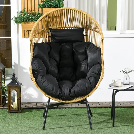 Buy Outsunny String Rattan Egg Chair, with Padded Seat Cushion - Sand/Black, 7 image