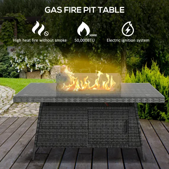 Buy 7 Pieces Outdoor Rattan Garden Furniture with Fire Pit Table, 6 Seater Garden Table and Chairs with Cushions, Rattan Dining Set with Propane Heater Table, Windscreen, 50,000 BTU, Grey, 6 image