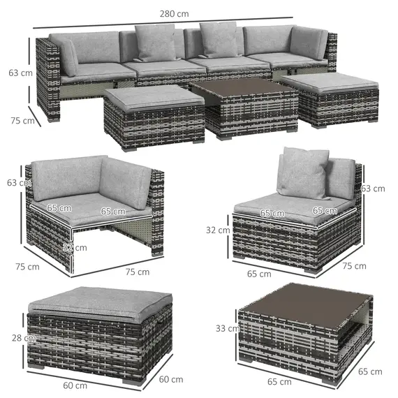Buy Outsunny Seven-Piece Rattan Patio Furniture Set, with Cushions - Grey, 3 image