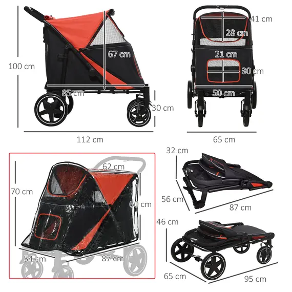 Buy One-Click Foldable Pet Travel Stroller with Rain Cover, Cat Dog Pushchair with Universal Front Wheels, Shock Absorber, Storage Bags, Mesh Window, Safety Leash for Large and Medium Dogs (Red), 3 image