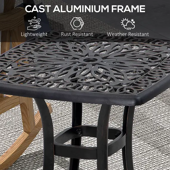 Buy Cast Aluminium Bistro Table, Outdoor Square Side Table with Umbrella Hole, Garden Table for Balcony, Bronze Tone, 5 image