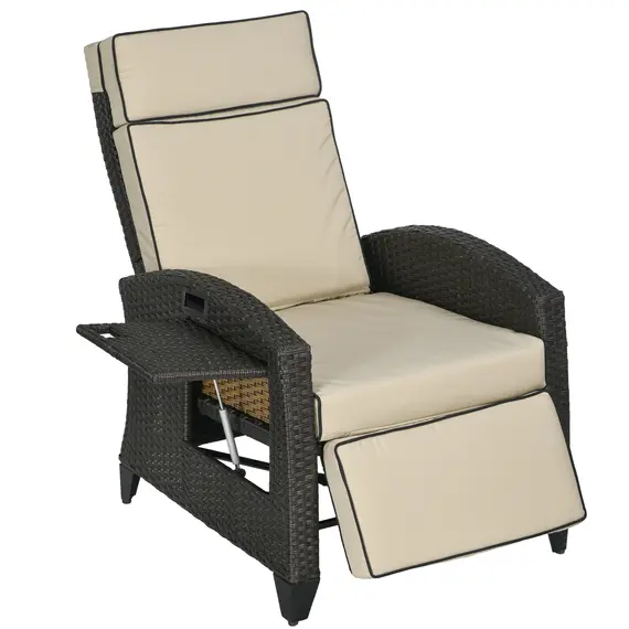 Buy Outdoor Recliner Chair with Adjustable Backrest and Footrest, Cushion, Side Tray, Khaki/Brown