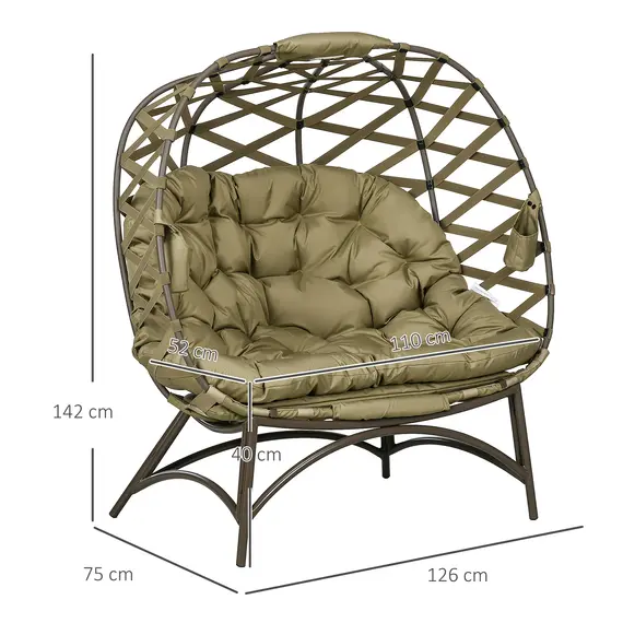 Buy 2 Seater Egg Chair Outdoor, Folding Weave Garden Furniture Chair with Cushion, Cup Pockets - Khaki, 3 image