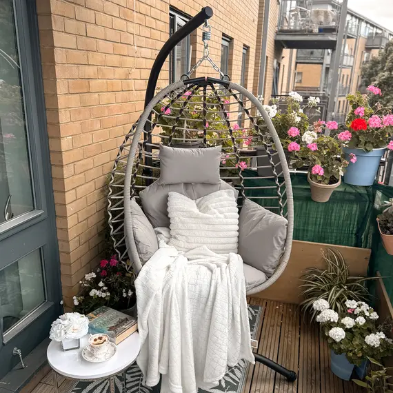 Buy Outsunny Single Rattan Hanging Egg Chair, with Seat Cushion - Grey, 8 image