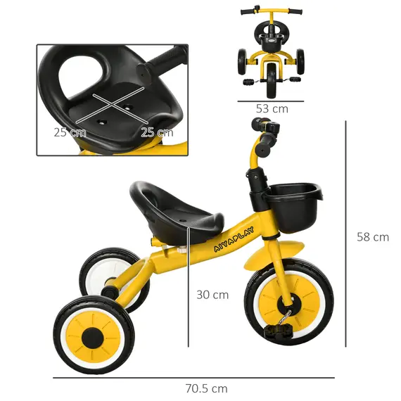 Buy Kids Trike, Tricycle, with Adjustable Seat, Basket, Bell, for Ages 2-5 Years - Yellow, 3 image