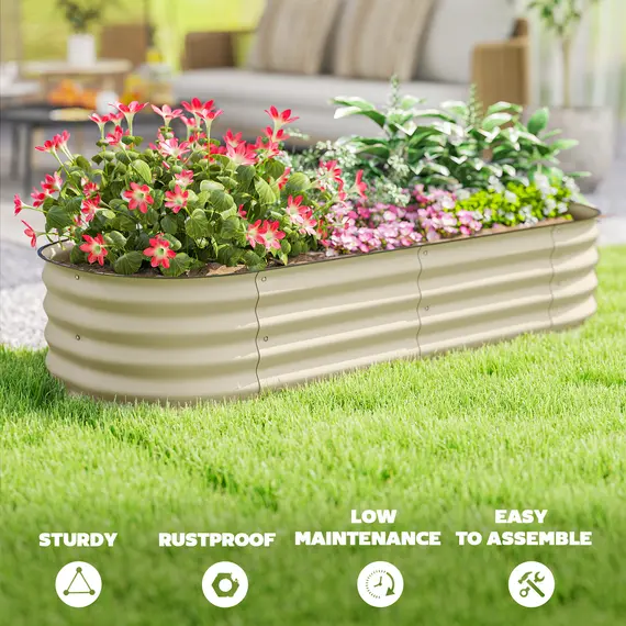 Buy Outsunny Galvanised Raised Garden Bed, Metal Planter Box with Safety Edging, for Flowers, Herbs, Succulents, Cream White, 7 image