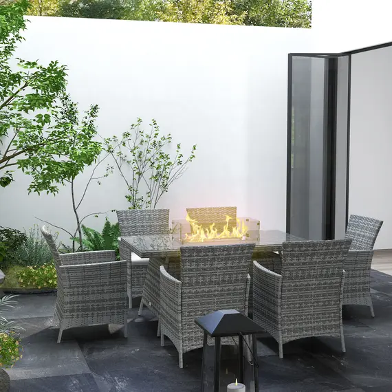 Buy 7 Pieces Outdoor Rattan Garden Furniture with Fire Pit Table, 6 Seater Garden Table and Chairs with Cushions, Rattan Dining Set with Propane Heater Table, Windscreen, 50,000 BTU, Grey, 2 image