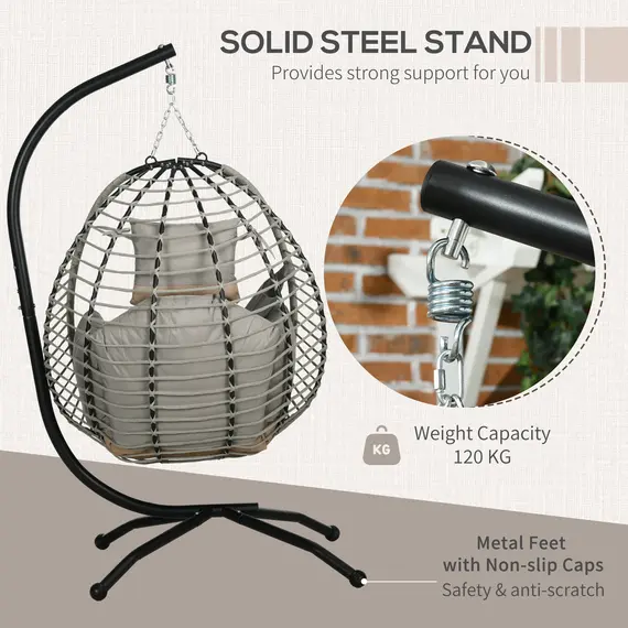 Buy Outsunny Single Rattan Hanging Egg Chair, with Seat Cushion - Grey, 4 image