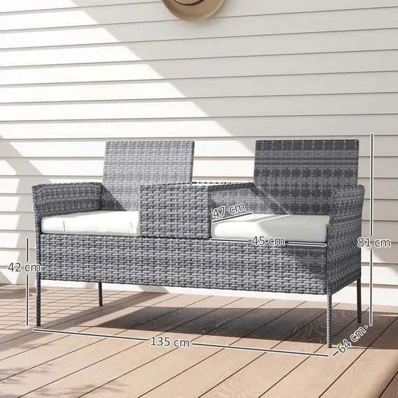 Buy Outsunny Two-Seat Rattan Chair, with Middle Table - Grey, 3 image