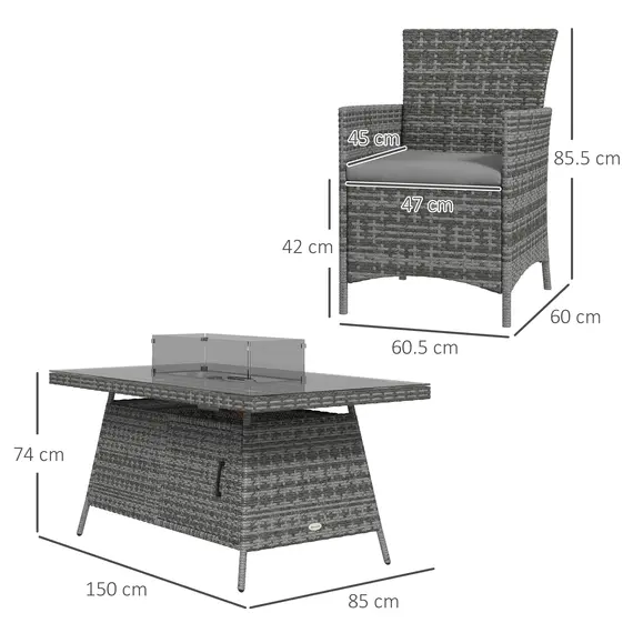 Buy 7 Pieces Outdoor Rattan Garden Furniture with Fire Pit Table, 6 Seater Garden Table and Chairs with Cushions, Rattan Dining Set with Propane Heater Table, Windscreen, 50,000 BTU, Grey, 3 image