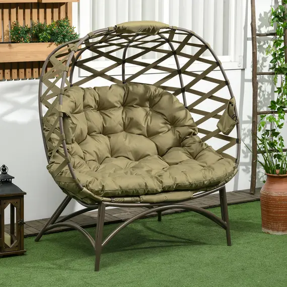 Buy 2 Seater Egg Chair Outdoor, Folding Weave Garden Furniture Chair with Cushion, Cup Pockets - Khaki, 2 image