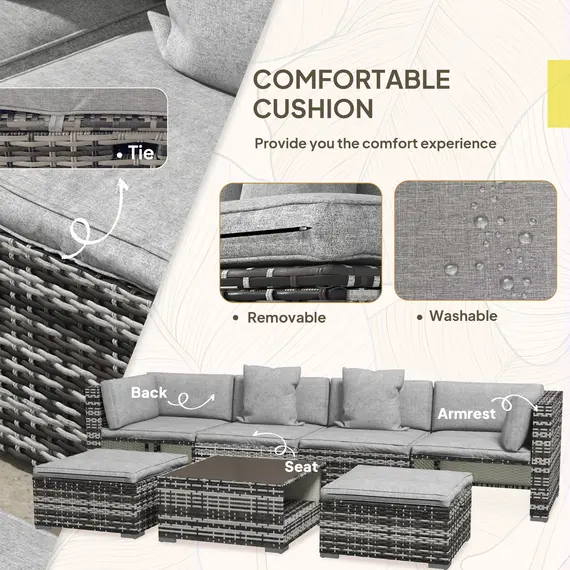 Buy Outsunny Seven-Piece Rattan Patio Furniture Set, with Cushions - Grey, 7 image