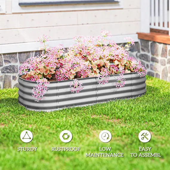 Buy Outsunny Galvanised Raised Garden Bed, Metal Planter Box with Safety Edging, for Flowers, Herbs, Succulents, Silver, 7 image