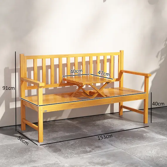 Buy Wooden Bench with Liftable Middle Table, Outdoor Bench, Patio Loveseat for Porch, Garden, Seats 2-3 People, 3 image