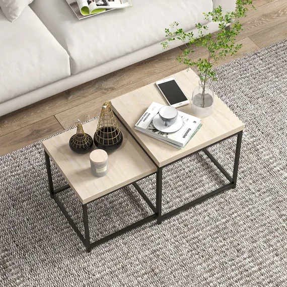 Buy Coffee Table Set of 2, Nest of Tables with 3.5cm Thick Tabletop, Oak, 8 image