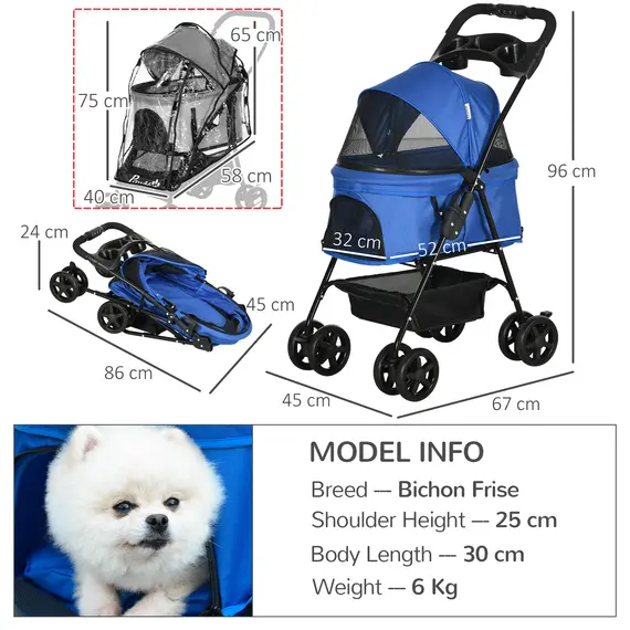 Buy PawHut Dog Stroller with Rain Cover, Dog Pushchair One-Click Fold Trolley Jogger with EVA Wheels Brake Basket Adjustable Canopy Safety Leash for Small Dogs, Blue, 3 image