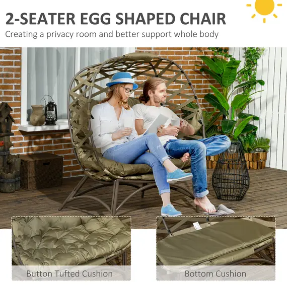 Buy 2 Seater Egg Chair Outdoor, Folding Weave Garden Furniture Chair with Cushion, Cup Pockets - Khaki, 5 image