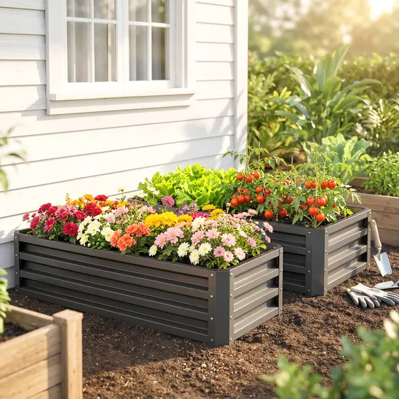 Buy Set of Two 110 x 50cm Steel Planter Boxes -  Dark Grey, 4 image