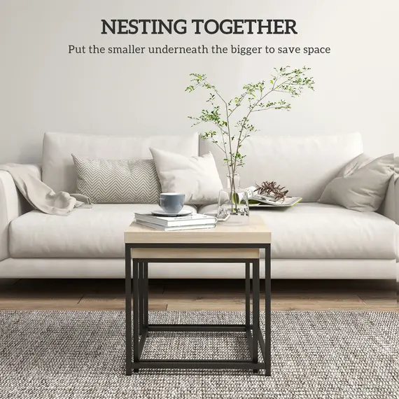 Buy Coffee Table Set of 2, Nest of Tables with 3.5cm Thick Tabletop, Oak, 4 image