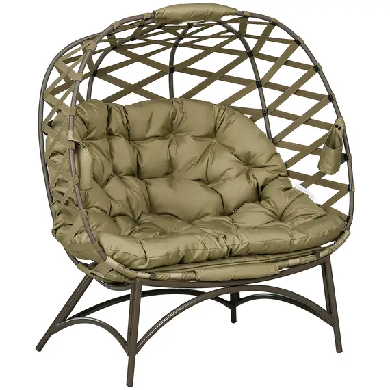 Buy 2 Seater Egg Chair Outdoor, Folding Weave Garden Furniture Chair with Cushion, Cup Pockets - Khaki