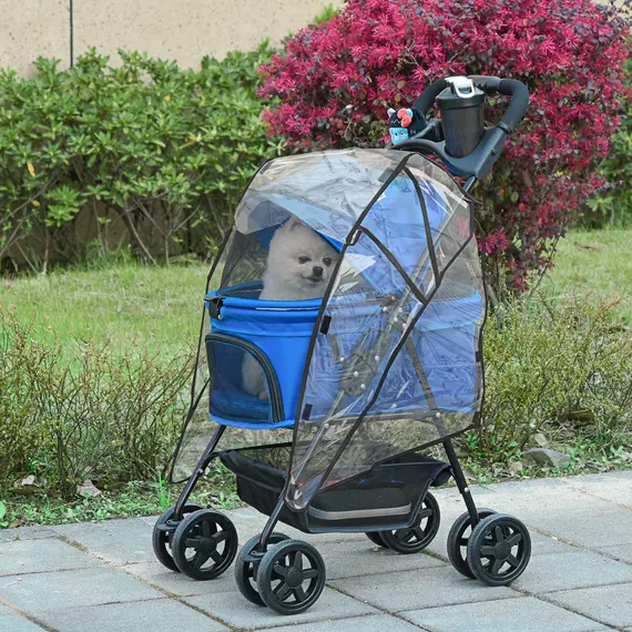 Buy PawHut Dog Stroller with Rain Cover, Dog Pushchair One-Click Fold Trolley Jogger with EVA Wheels Brake Basket Adjustable Canopy Safety Leash for Small Dogs, Blue, 2 image
