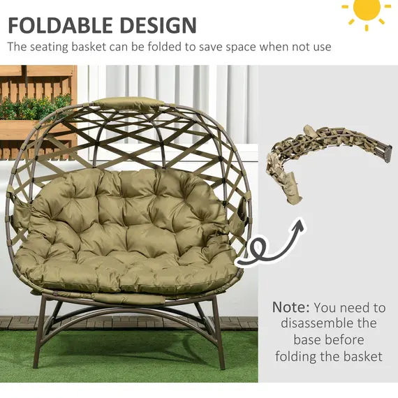 Buy 2 Seater Egg Chair Outdoor, Folding Weave Garden Furniture Chair with Cushion, Cup Pockets - Khaki, 6 image