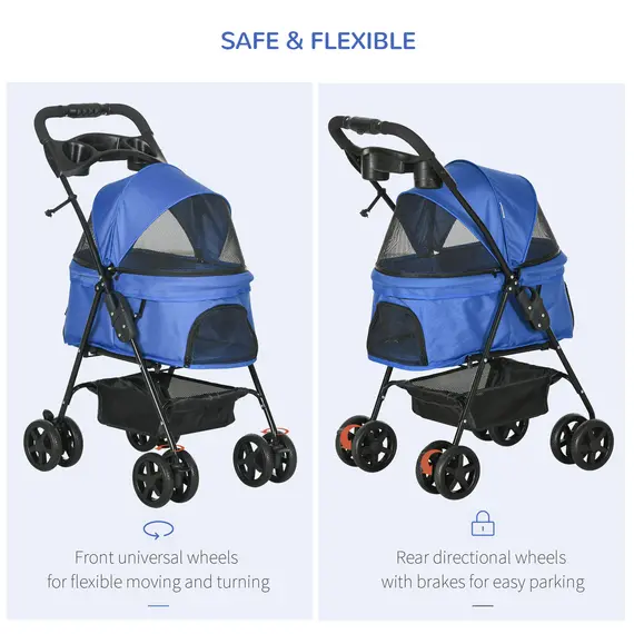 Buy PawHut Dog Stroller with Rain Cover, Dog Pushchair One-Click Fold Trolley Jogger with EVA Wheels Brake Basket Adjustable Canopy Safety Leash for Small Dogs, Blue, 6 image
