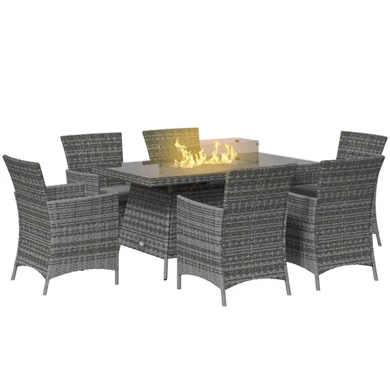 Buy 7 Pieces Outdoor Rattan Garden Furniture with Fire Pit Table, 6 Seater Garden Table and Chairs with Cushions, Rattan Dining Set with Propane Heater Table, Windscreen, 50,000 BTU, Grey