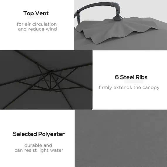 Buy Outsunny 3(m) Cantilever Overhanging Parasol, with Cross Base - Grey, 5 image