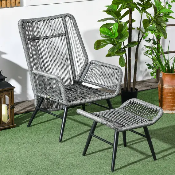 Buy Outsunny String Rattan Armchair and Footstool Set, with Cushions - Grey, 7 image