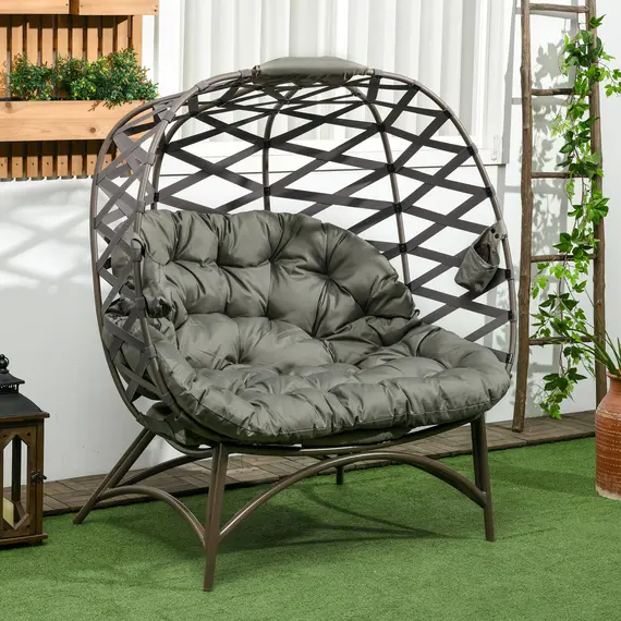 Buy 2 Seater Egg Chair Outdoor, Folding Weave Garden Furniture Chair with Cushion, Cup Pockets - Sand Brown, 2 image