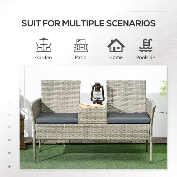 Buy Outsunny Two-Seat Rattan Chair, with Middle Table - Light Grey, 7 image