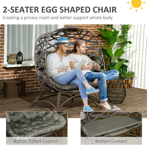 Buy 2 Seater Egg Chair Outdoor, Folding Weave Garden Furniture Chair with Cushion, Cup Pockets - Sand Brown, 5 image