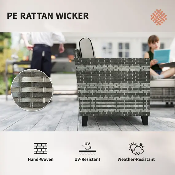 Buy 5-Piece Rattan Patio Furniture Set with Gas Fire Pit Table, Loveseat Sofa, Armchairs, Cushions, Pillows, Grey, 6 image