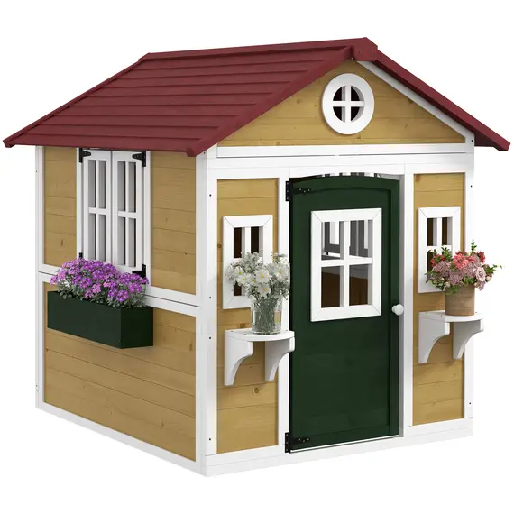Buy Wooden Playhouse with Doors, Windows, Plant Pots, Boxes, for 3-8 Years - Beige